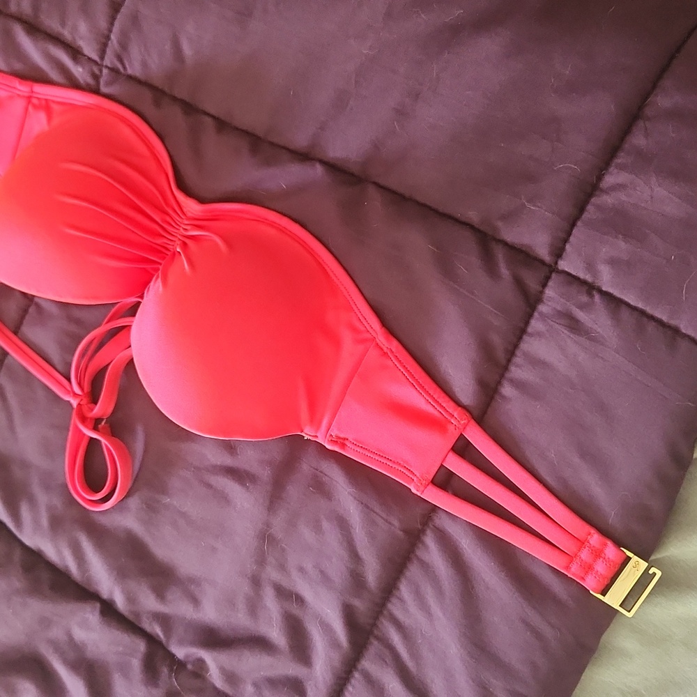 Women’s Red Padded Bikini Top with Triple-Strap Side